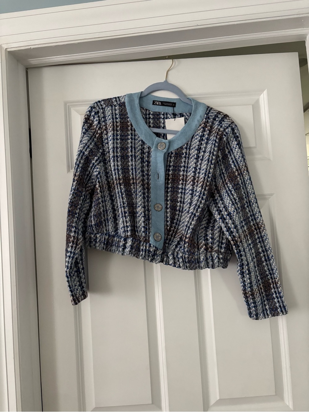 Zara Light Blue & Navy Plaid Cropped Knit Blazer